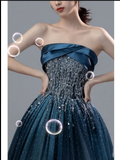 Navy Blue Strapless A-Line Beading Satin long Formal Party Dress HZ0319