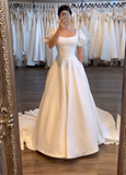 White A-Line Short Sleeves Satin Long Party Dress Wedding Dress HZ0319