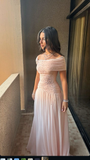 Light Pink Off Shoulder A-Line Beading Long Formal Party Dress HZ0319