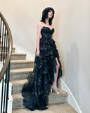 Dark Navy Sweetheart A-Line Lace Tiered Long Party Dress Senior Prom Dress, HZ0319