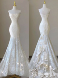 White Strapless Lace Tulle Mermaid Long Party Dress Wedding Dress HZ0319
