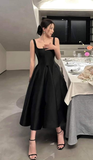 Black Spaghetti Straps A-Line Satin Ankle Length Formal Party Dress HZ0319
