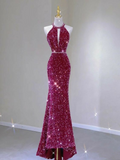 Elegant Fuchsia Halter Sequins Mermaid Long Evening Party Dress HZ0319