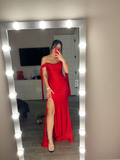 Red Off Shoulder Sheath Satin Long Party Dress with Split HZ0319