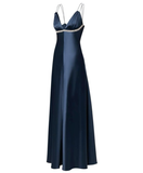 Dark Navy Straps A-Line Satin Long Party Dress Formal Evening Dress, HZ0319