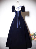 A-Line Dark Blue Velvet Long Prom Dress, Blue Formal Evening Dress HZ0319