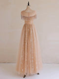 A-Line Lace Champagne Long Prom Dress, Champagne Lace Long Formal Dress HZ0319