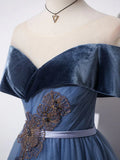 A-Line Off Shoulder Tulle Gray Blue Long Prom Dress, Blue Formal Dress HZ0319