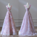 Pink Straps A-Line Floral Long Evening Party Dress Birthday Outfits HZ0319