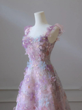 Pink Straps A-Line Floral Long Evening Party Dress Birthday Outfits HZ0319
