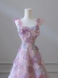 Pink Straps A-Line Floral Long Evening Party Dress Birthday Outfits HZ0319