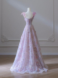 Pink Straps A-Line Floral Long Evening Party Dress Birthday Outfits HZ0319