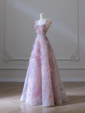 Pink Straps A-Line Floral Long Evening Party Dress Birthday Outfits HZ0319