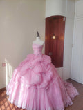 Charming Prom Dress Light Pink Strapless Pleated Tulle Evening Dress Quinceanera Dress Ball Gown HZ0319