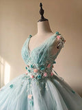 Stunning Prom Dress Light Blue V-neck Pleated Tulle Evening Dress Quinceanera Dress Ball Gown HZ0319