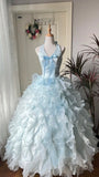 Charming Prom Dress Baby Blue Halter Ruffle Tiered Evening Dress Quinceanera Dress Ball Gown HZ0319