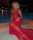 Gorgeous Red Straps Beading Lace Mermaid Long Party Dress Birthday Outfits HZ0319