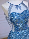 Blue Halter A-Line Tulle Sequins Long Party Dress Birthday Outfits HZ0319
