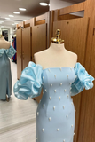 Light Blue Strapless Sheath Satin Beading Long Evening Party Dress HZ0319