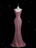 Shiny Pink Straps Sequins Mermaid Long Formal Party Dress Evening Gown HZ0319