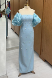 Light Blue Strapless Sheath Satin Beading Long Evening Party Dress HZ0319