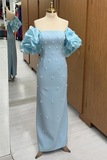 Light Blue Strapless Sheath Satin Beading Long Evening Party Dress HZ0319