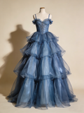 Navy Blue Ball Gown Spaghetti Straps Pleated Tulle Prom Dresses Quinceanera Dress Evening Gala Gown HZ0319