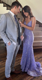Elegant Purple V Neck Straps Mermaid Sequins Long Formal Prom Dress HZ0319