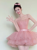 Cute Homecoming Dress Pink Strapless Tulle Pleated Short Back to School Prom Dress Birthday Outfits HZ0319