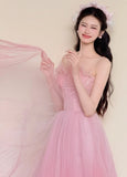 Stunning Prom Dress Pink Spaghetti Straps Pleated Tulle Gala Dress Evening Gown Birthday Party Outfits HZ0319