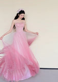 Stunning Prom Dress Pink Spaghetti Straps Pleated Tulle Gala Dress Evening Gown Birthday Party Outfits HZ0319