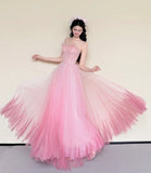 Stunning Prom Dress Pink Spaghetti Straps Pleated Tulle Gala Dress Evening Gown Birthday Party Outfits HZ0319