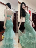 Sparking Prom Dress Spaghetti Straps Tulle Mermaid Birthday Party Outfits Backless Evening Gown Gala Dress HZ0319