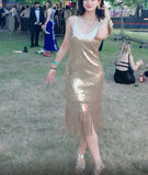 Shiny Prom Dress Gold Sequins V-neck Gala Gown Birthday Party Outfits Evening Dress HZ0319