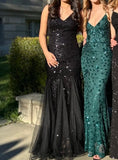 Shiny Prom Dress V-neck Sequins Mermaid Gala Gown Evening Dress Birthday Party Outfits HZ0319