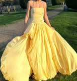 Yellow Prom Dress Strapless Pleated Slit Gala Gown Birthday Party Outfits Evening Dresses HZ0319