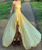 Yellow Prom Dress Strapless Pleated Slit Gala Gown Birthday Party Outfits Evening Dresses HZ0319