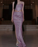 Shiny Prom Dress Light Purple Spaghetti Straps Pleated Slit Gala Gown Shcool Cocktail Outfits Evening Dresses HZ0319