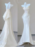 White Strapless Satin Mermaid Long Wedding Dress Birthday Outfits HZ0319