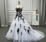 Strapless Beautiful White and Black Long Prom Dress Ball Gown Wedding Dress HZ0319