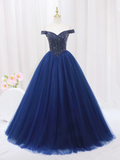 Blue Tulle Beaded Long Prom Dress, Off the Shoulder Evening Party Dress HZ0319