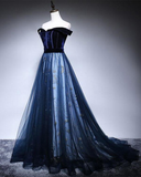 Dark Blue Velvet Tulle Long Prom Dress, Elegant Off the Shoulder Evening Dress HZ0319