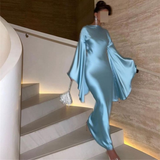 Blue Long Sleeves Cross Back Mermaid Satin Long Party Dress HZ0319