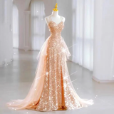 Shiny Pink Straps A-Line Sequins Long Evening Party Dress HZ0319