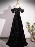 Spaghetti Straps Off Shoulder A-Line Prom Dress Shiny Black Evening Gown HZ0319