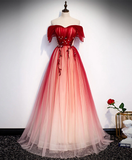 Burgundy Off Shoulder Tulle Long Prom Dress Burgundy Formal Dress HZ0319