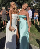Blue Spaghetti Straps Satin Long Party Dress Wedding Guest Dress HZ0319