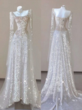 Champagne Square Neck Sequins Long Sleeves Long Party Dress HZ0319