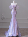 Light Purple Off Shoulder Mermaid Tulle Long Prom Dress Party Gown HZ0319