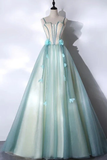 Mint Green Straps Long Tulle Sweet Dress, Unique Long Party Dress HZ0319